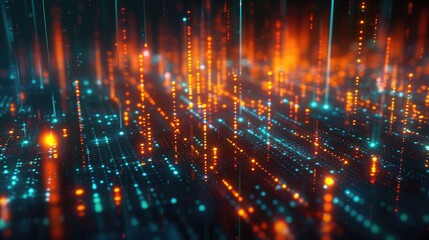 3D financial matrix with glowing data points, highlighting investment strategies.