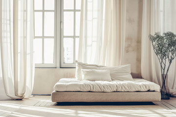 Contemporary master bedroom interiors with a comfortable bed next to a large window. Luxury property interiors in neutral tones with copyspace.