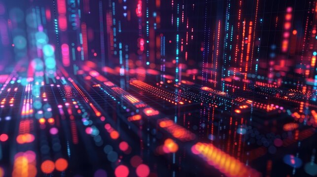 3D financial matrix with glowing data points, highlighting investment strategies.
