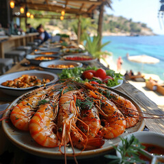 Shrimp, Seafoods, appetizers and salads on the table in Fish Restaurant. Beach Restaurant in Greece or Turkey. Aegean seaside, Greek or Turkish style fish restaurant in Bodrum, Made with generative ai