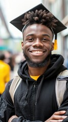 Fototapeta premium Graduating student smiles proudly in cap and gown outdoors on campus