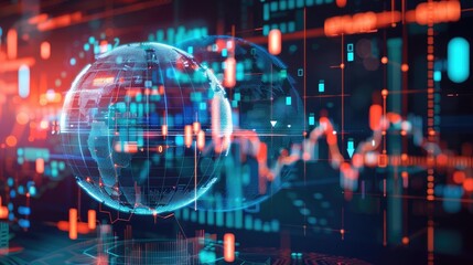 3D globe with financial symbols and digital connections, representing global finance.