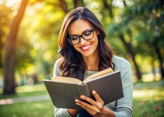 Fototapeta premium Cropped image of smiling brunette woman in eyeglasses reading book in park