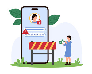 Tiny people dealing with a wrong password error on a large mobile device, using a key and warning sign, emphasizing cybersecurity and access control vector illustration.