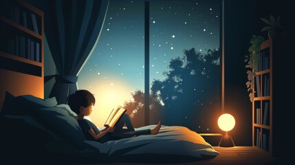 Person reading a book in bed, with a bedside lamp illuminating the pages. Cartoon illustrations vectors