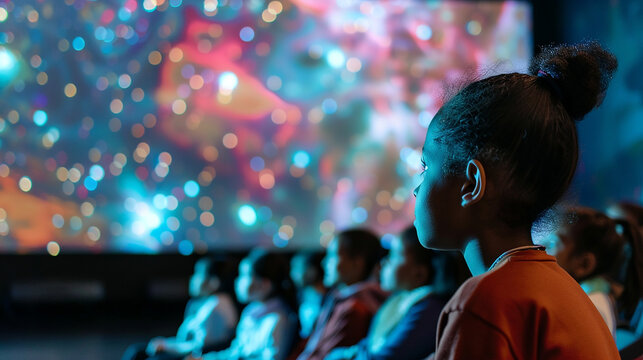 School kids watching an presentation at a science museum