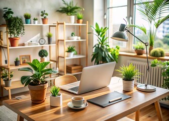 Fototapeta premium A tidy and organized home office workspace with a laptop, papers, and plants, evoking a sense of productivity, comfort, and serene remote work atmosphere.