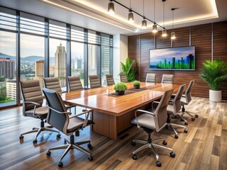Modern conference room with sleek wooden table, ergonomic chairs, and large screen displaying productivity software, ready for remote work seminar leader's presentation.