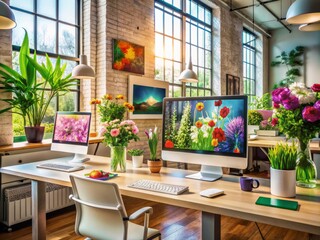 Colorful computer screens and design elements clutter a trendy workspace, surrounded by inspirational artwork, flowers, and modern decor, conveying digital creativity and innovation.