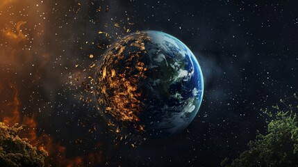 Illustration of Earth with half thriving and half suffering from environmental degradation