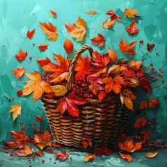 Basket of Autumn Leaves on Green Backdrop
