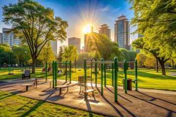 Naklejka premium Empty park landscape with outdoor fitness equipment and obstacles, surrounded by green trees and city buildings, bathed in warm sunlight with a serene atmosphere.