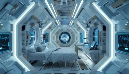 Futuristic bedroom in a space habitat, featuring sleek designs, advanced technology, and a view of the starry cosmos through a portal.