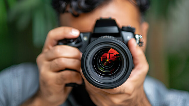 A passionate photographer capturing the perfect shot with a DSLR camera.