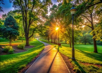 Obraz premium Vibrant morning sunrise illuminates an empty park trail surrounded by lush greenery, conveying a sense of serenity and fitness motivation for a healthy lifestyle.