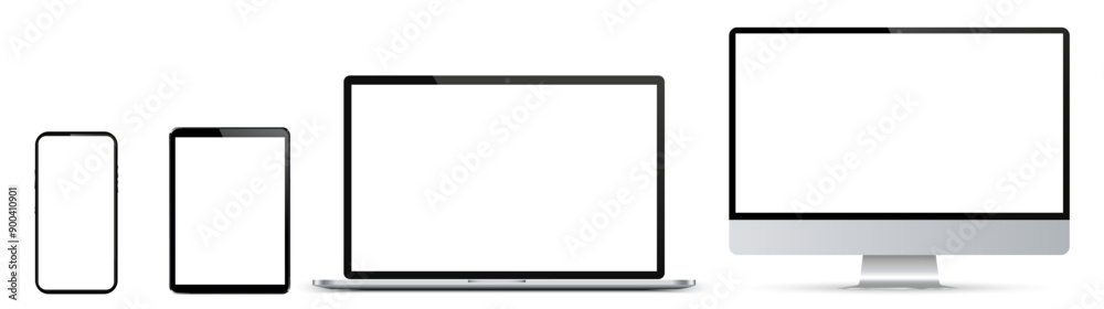 Poster Set of mockup technology devices with empty white display: computer, laptop, tablet and mobile phone. Screen device mockup blank. Realistic media gadgets with white screen