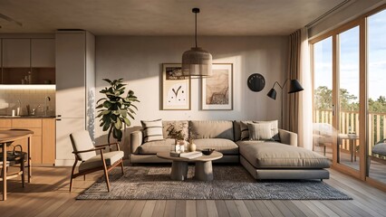 High resolution living cum kitchen Interior view with two rectangular white mock up photo frame for display. Modern interior 3d illustration design AI generated,.