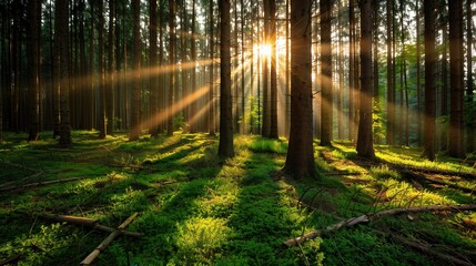 Obraz premium Golden sunlight pierces through tall trees, illuminating a serene forest landscape, with lush greenery and nature's tranquility.