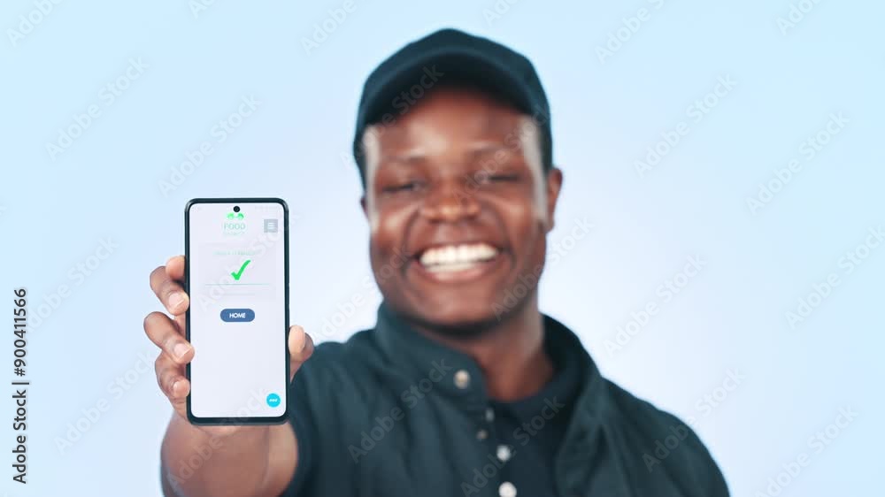 Poster Delivery man, phone screen and portrait of black man with order success isolated in a studio blue background with UX. Smile, happy and worker showing ecommerce mobile app display for service