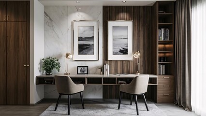 High resolution study room interior design 3d illustration template, Mock up frame on front wall. Interior mock-up for product display. Modern interior design AI generated.