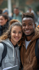 Two smiling students share a joyful moment amidst campus excitement