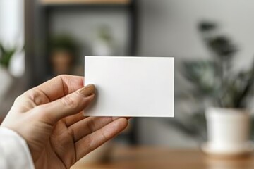A hand holding a blank business card in a modern office setting, perfect for presentations or professional contexts.