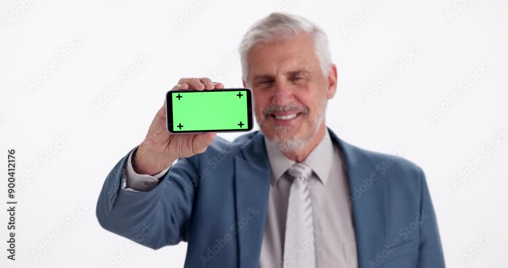 Poster businessman, face and green screen on mobile in studio for corporate communication, advertising and 