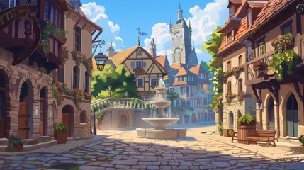 A historic city square background with cobblestone streets, charming buildings, and a fountain at the center. The scene is bustling with activity, capturing the charm and history of the old town