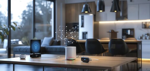 Modern living room featuring smart devices with ambient lighting, creating a cozy and futuristic atmosphere.