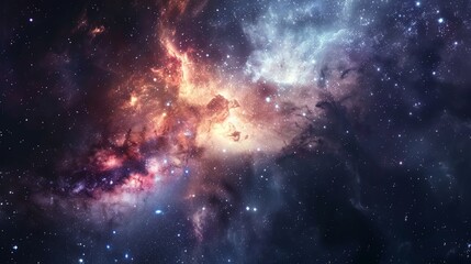 Obraz premium An outer space background with a stunning view of distant galaxies, stars, and nebulae. The scene is vast and awe-inspiring, highlighting the wonders and mysteries of the universe