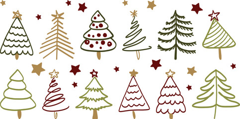 Set of doodle christmas trees. Abstract linear christmas decor. Hand drawn simple silhouettes. Minimalist and elegant christmas ornament. Red green holiday style. Set of new year vector symbols.