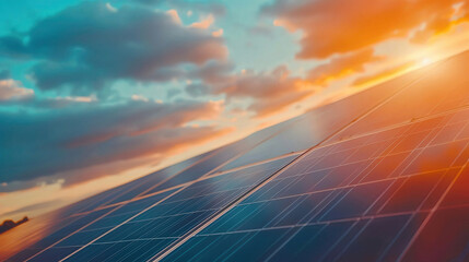 Close-up of solar panels against a vibrant sunset sky.