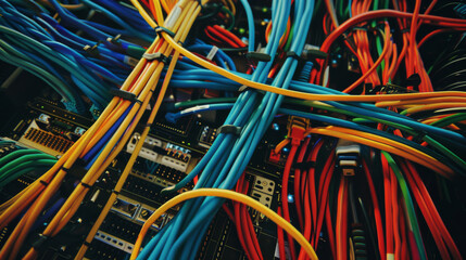 Close-up view of numerous multicolored cables intertwined and connected to various network hardware in a busy server room.