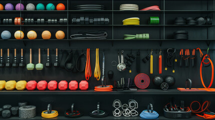Sleek fitness wall with diverse equipment neatly arranged, epitomizing modernity and organization in a high-end exercise facility.