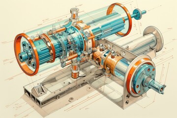 drawing of machine with many parts, diagram explaining the inner workings of machine or mechanical device