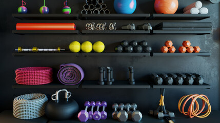 Display of varied fitness equipment arranged in an aesthetically pleasing manner, highlighting a well-maintained and organized training environment.