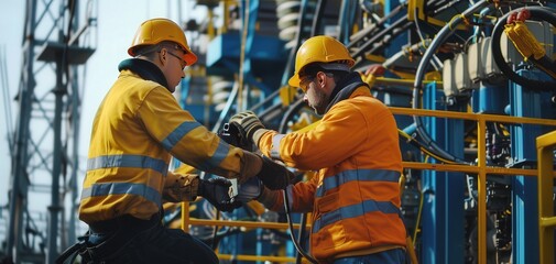 Workers in safety gear perform maintenance at an electrical station, highlighting industrial teamwork and safety protocols.