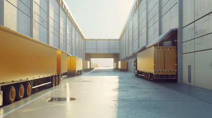 Obraz premium Several large yellow trucks are parked along the sides of a wide industrial loading area, displaying an organized and efficient logistics scene.