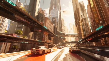 Imagine a road through a futuristic city. Describe the skyscrapers towering overhead, the advanced infrastructure, and the bustling activity on the streets below.