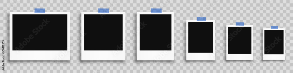 Poster empty photo frame, set realistic photo card frame mockup variants with shadows and tape