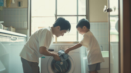 A father and son enjoying a bonding moment as they do laundry together in a bright and cozy home laundry room.