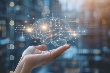 Hand holding digital brain shades of blue and orange detailed and imaginative conceptual and artistic illustration