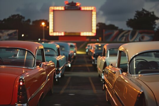 Fototapeta movie screen is in the background of row of cars, drive-in movie theater scene from the 1950s, full of classic cars and large projector screen