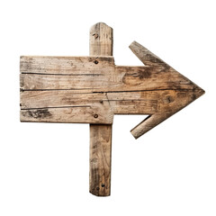 Fototapeta premium A vintage wooden arrow sign marking a direction, isolated on a white background, transparent background.