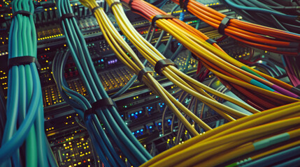 A cluster of colorful network cables connected to sophisticated equipment, glowing LED indicators showing active connections.