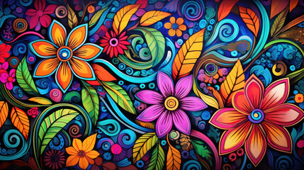 Positivity and Joyful Background. Vibrant and colorful illustration featuring an assortment of abstract shapes and floral designs. Swirling patterns, flowers. Bright colors. Lively and dynamic.