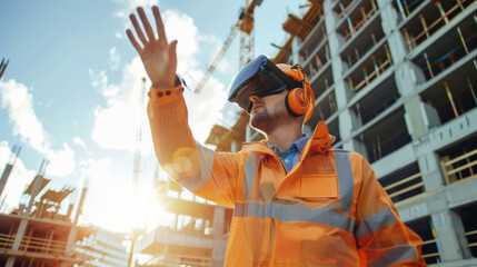 Naklejka premium A construction worker in a reflective orange jacket uses a virtual reality headset on a building site, representing modern technology and progress.