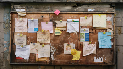 A weathered community bulletin board covered with various tattered papers and notes, held by colorful thumbtacks, tells a story of local life and events.