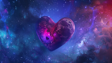 A cosmic heart symbolizing deep space love, surrounded by vibrant nebulae and distant stars, against a backdrop of vast, infinite universe, full of wonder and mystery.