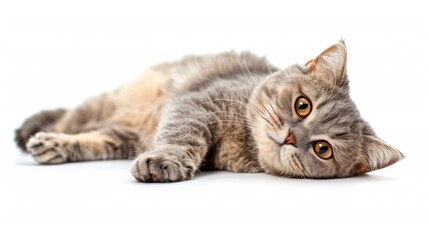 Fototapeta premium Gray tabby cat lying on a white background